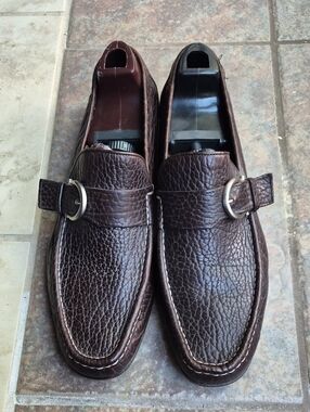 Ferragamo Brown Pebbled Calfskin Bit Loafers Silver Buckle